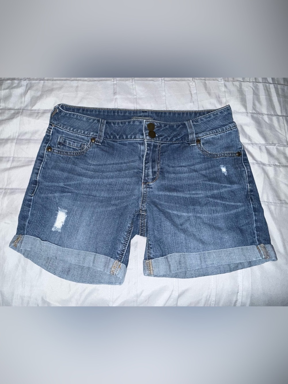 New York & Company Rolled Hem Distressed Denim Shorts - Blue